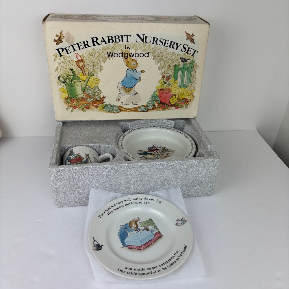 Wedgewood Peter Rabbit Beatrix Potter 3 Piece Nursery Set Mug Plate Porringer